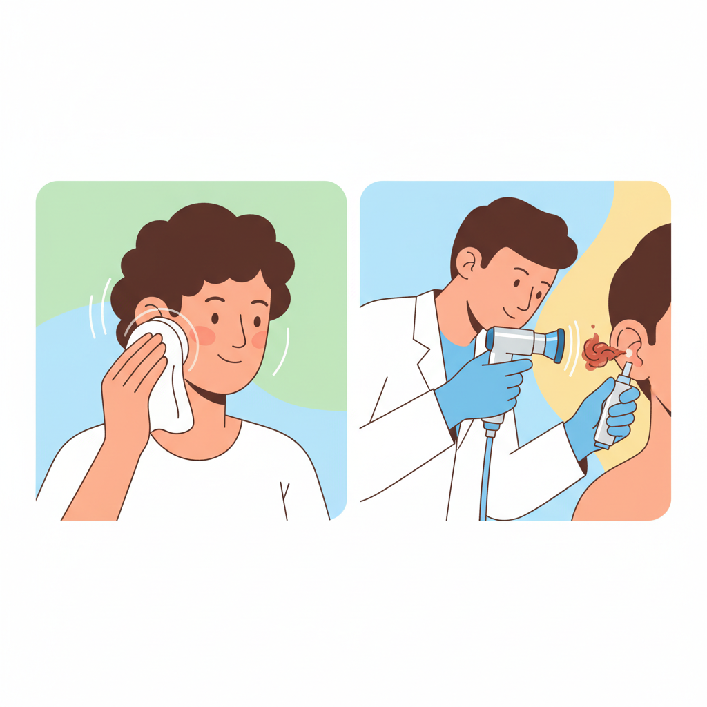 A vibrant, split-panel flat illustration contrasting safe self-ear cleaning with professional medical intervention. On the left panel, a person gently cleans their visible outer ear with a soft, damp cloth or cotton pad, emphasizing a careful, external approach. On the right panel, a stylized, anonymous medical professional, perhaps a doctor, uses a specialized instrument like an otoscope or a gentle suction tool to address an ear canal internally, showing expertise and precision. The overall aesthetic should be clean, informative, and reassuring, using a bright, professional color palette suitable for a health blog.