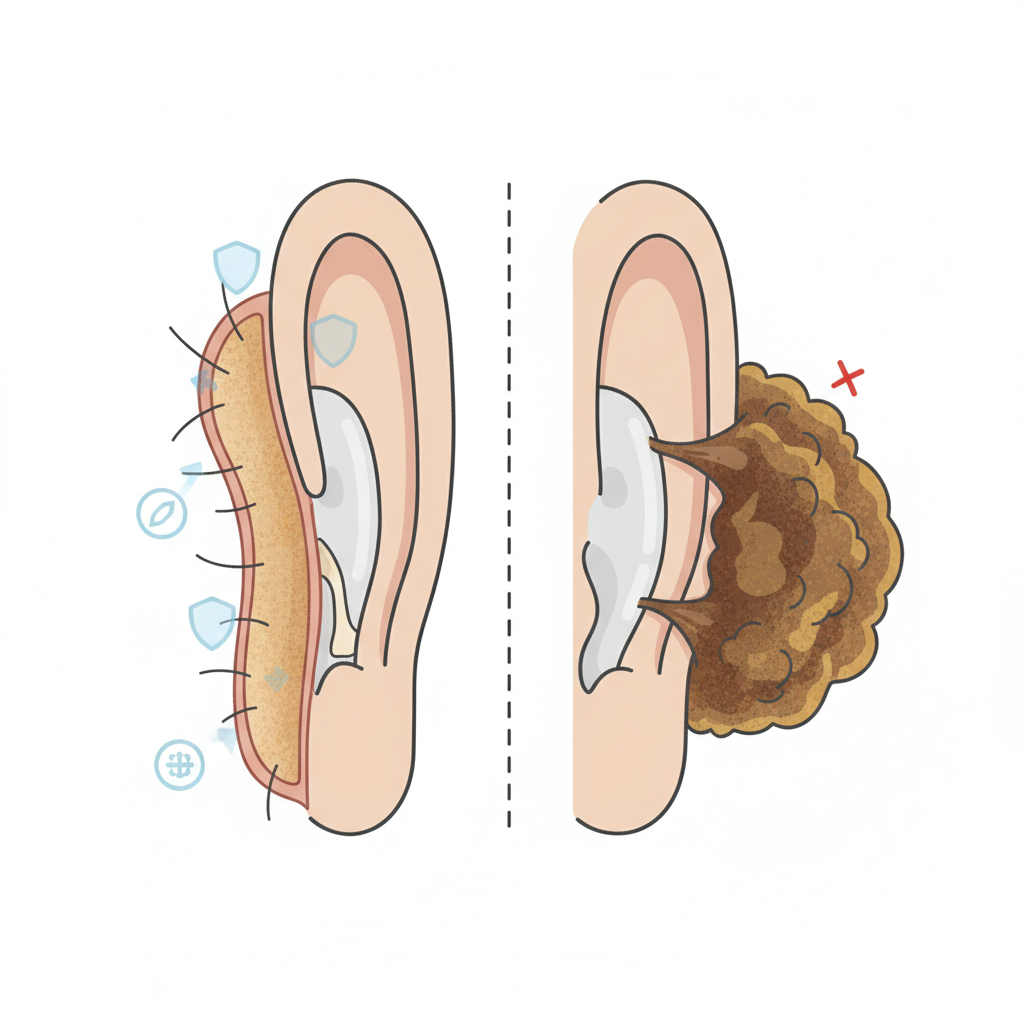 A clear, infographic-style cross-section diagram of the human ear, focusing on the outer ear canal and its functions. The illustration should highlight the natural production and presence of healthy earwax (cerumen) lining the canal, subtly indicating its protective qualities. Adjacent or within the same diagram, depict a distinct, stylized accumulation or 'plug' of earwax clearly blocking the ear canal, illustrating a common issue requiring professional help. The color scheme should be educational and clean, emphasizing key anatomical parts without being overly complex, suitable for easy understanding in a blog context.