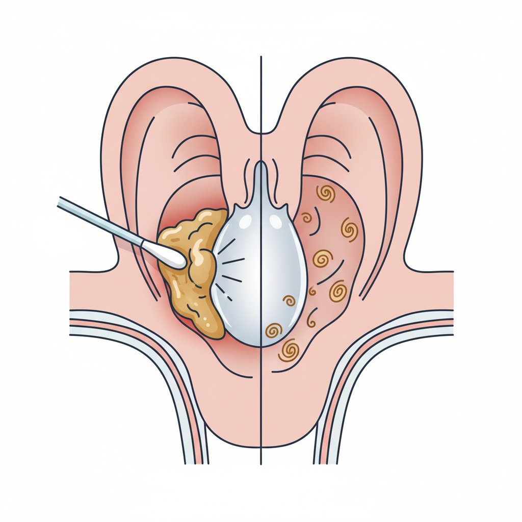 A detailed cross-section of a human ear canal. On one side, a cotton swab is depicted pushing a clump of golden-brown earwax (cerumen) deep into the canal, clearly illustrating the risk of impaction against the eardrum. The canal behind the wax appears constricted. On the other side, show the natural, gentle outward movement of cerumen towards the ear opening. Use a modern, clean medical illustration style with clear, distinct anatomical features and a focused color palette to highlight the problematic action of the swab versus the natural process.