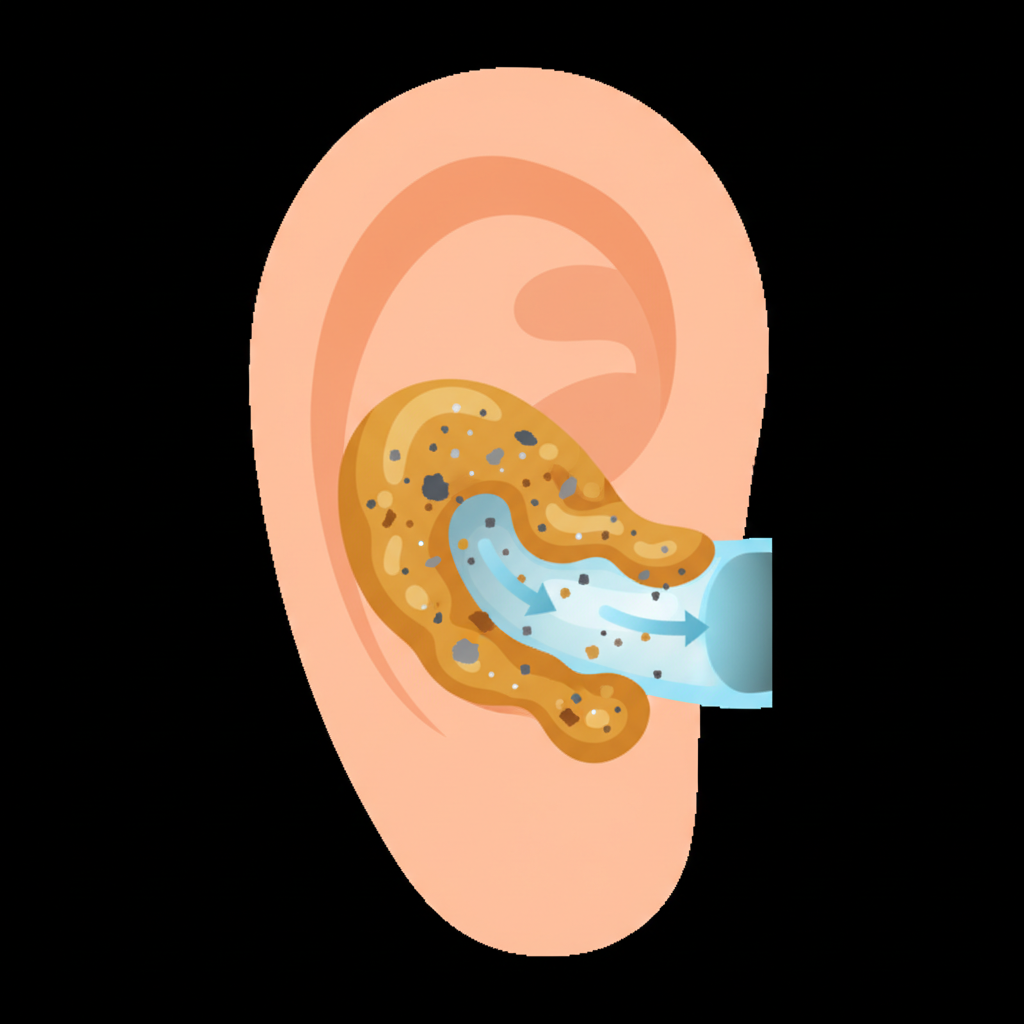 An infographic-style illustration of the human outer ear and a simplified, transparent view of the ear canal. Within the canal, depict small, varied particles (representing dust, dirt, or debris) being entrapped by a protective layer of golden-brown earwax. Subtle, light blue arrows should indicate the slow, natural movement of the earwax and trapped particles from deeper within the canal outwards towards the ear's opening, showcasing the ear's self-cleaning function. The style should be clean, friendly, and highly informative, using bright, appealing colors.