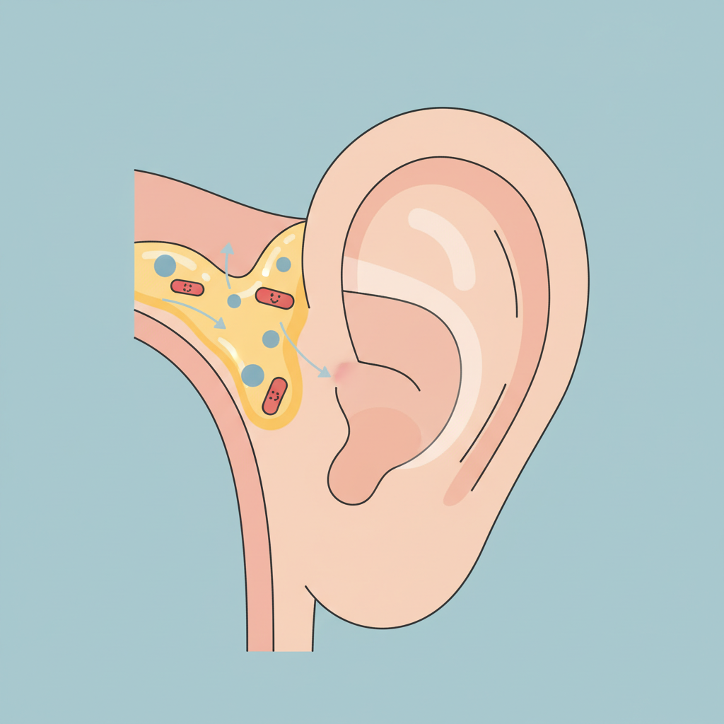 A detailed flat illustration showing a simplified cross-section of a child's outer ear canal. Within the canal, a thin, protective layer of yellowish earwax is clearly visible. Small, stylized elements like dust particles and tiny, innocuous bacteria symbols are depicted being captured by the earwax, highlighting its natural defense function. The surrounding ear anatomy is minimal and clean, focusing on the internal protective mechanism without being overly medical. The color palette is soft and reassuring, suitable for a parental guide.
