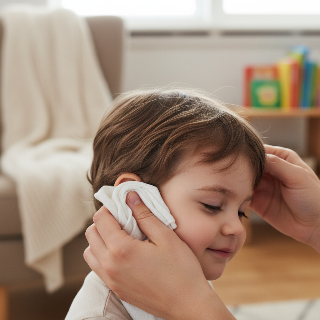 A professional photo depicting a caring parent gently cleaning the outer ear area of a young child. The parent is using a soft, damp cloth or washcloth to carefully wipe around the earlobe and the visible parts of the outer ear. The child, perhaps a toddler, is looking content and relaxed, showing no discomfort. The parent's hands are gentle and reassuring, clearly avoiding any insertion into the ear canal. The background is soft and home-like, emphasizing a safe, nurturing environment for this gentle hygiene practice.