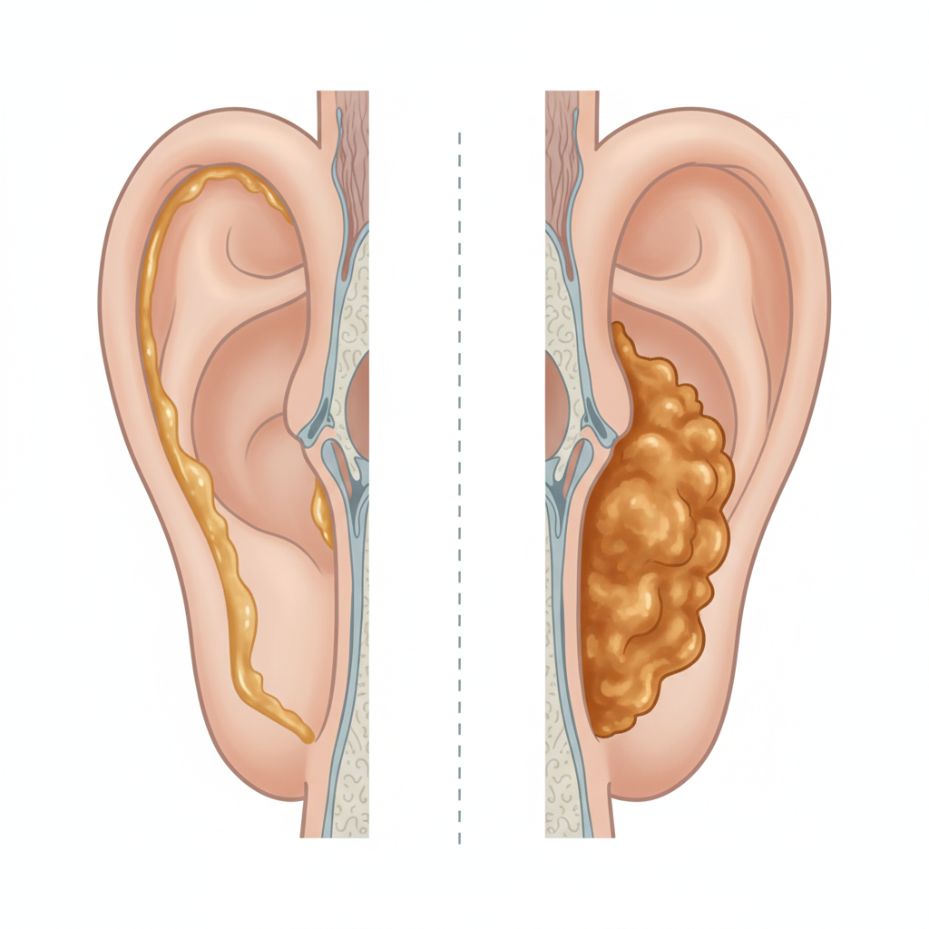A detailed cross-section illustration of a human ear canal. On one side, a healthy amount of golden-brown earwax is naturally coating the canal walls, subtly protecting it. On the other side, an excessive build-up of earwax forms a distinct blockage or plug, partially obstructing the canal. The style should be a clean, educational infographic with anatomical accuracy, using soft, warm tones for the earwax and cool, neutral tones for the surrounding tissue. Emphasize the contrast between healthy and problematic earwax accumulation.