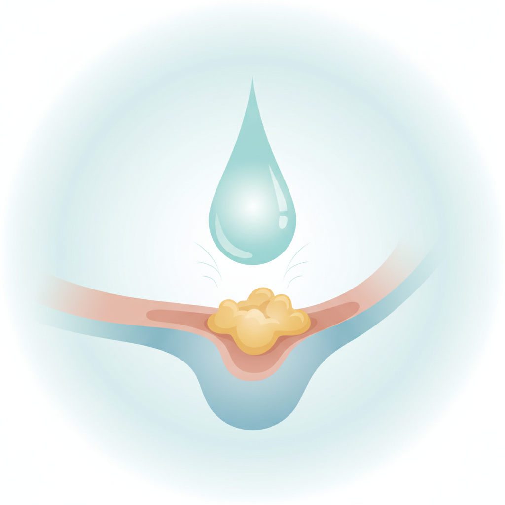 A serene, close-up scene depicting a single drop of ear cleaning solution gently falling into an ear canal. The drop, depicted as clear or lightly tinted liquid, is shown just beginning to interact with and subtly soften a small accumulation of earwax within the canal. The overall impression should be one of gentle effectiveness and relief. Utilize a clean, modern flat illustration style with soft gradients, focusing on the liquid's action and the ear's inner structure. The color palette should be calming, featuring soft blues, greens, and warm yellows for the earwax.
