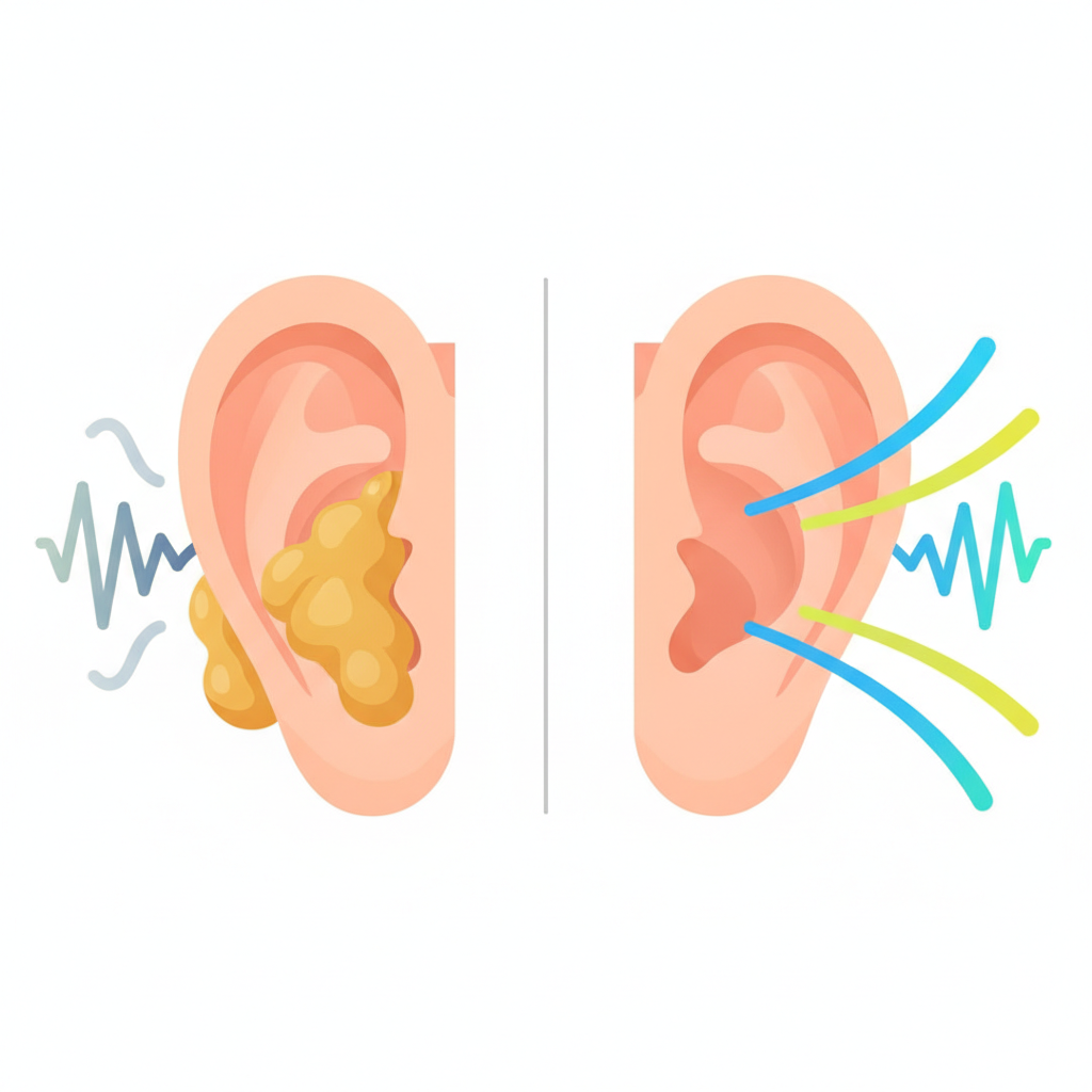 A stylized, split flat illustration depicting the inner ear canal. On the left side, the ear canal is partially blocked by an accumulation of yellow-brown earwax, creating a sense of obstruction and muffled hearing, possibly with faint, distorted sound waves. On the right side, the ear canal is visibly clean and clear, showing open passage for sound, with vibrant, unobstructed sound waves flowing freely. The overall impression should be a contrast between discomfort/blockage and clarity/relief, using a clean, modern aesthetic with soft, inviting colors.