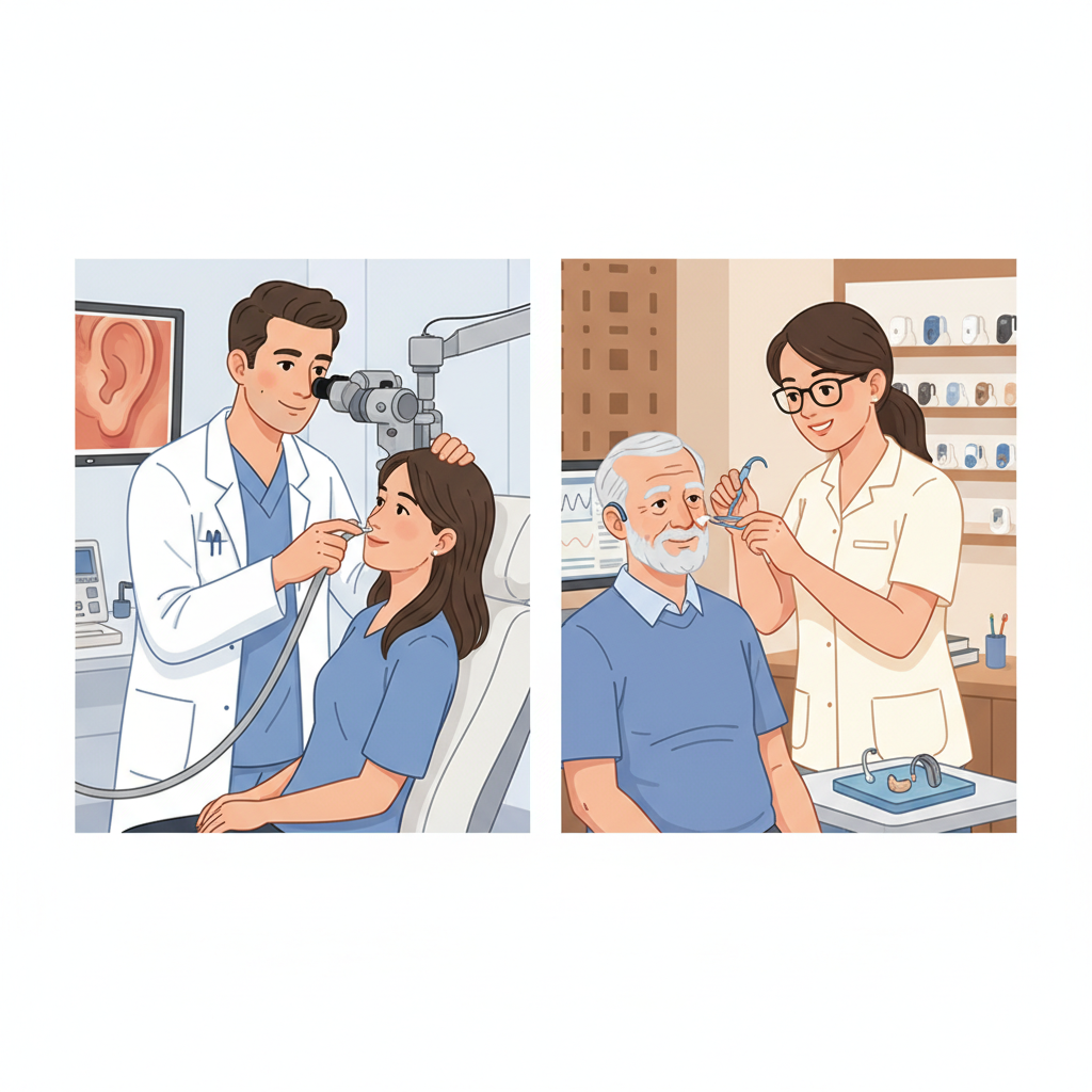 A digital illustration in a professional yet approachable style, showcasing two distinct scenes related to ear cleaning. On the left, an HNO-Arzt (ENT doctor) is depicted in a clinical setting, carefully using a modern otoscope or an ear microscope to examine a patient's ear, possibly demonstrating a gentle suction or irrigation technique. The patient looks calm. On the right, a Hörgeräteakustiker (hearing aid acoustician) is shown in an audiology clinic, performing a delicate ear cleaning, perhaps with specialized small instruments, relevant to a hearing aid user. Both scenes emphasize professional care and safety.