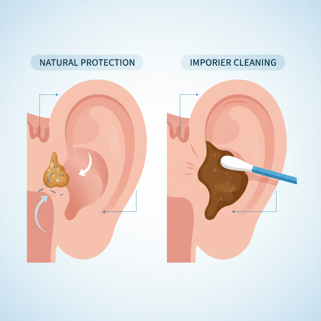A detailed cutaway diagram of a human ear canal. One side illustrates the natural protective function of earwax (cerumen), showing a small amount of wax trapping microscopic dust or bacteria, with a subtle arrow indicating natural outward movement towards the ear opening. The other side of the diagram depicts an excessive accumulation or blockage of earwax deep within the canal, caused by a cotton swab partially inserted, visibly pushing the wax further inward. The overall style should be a modern, clean infographic illustration with clear, distinct sections and a professional color palette.