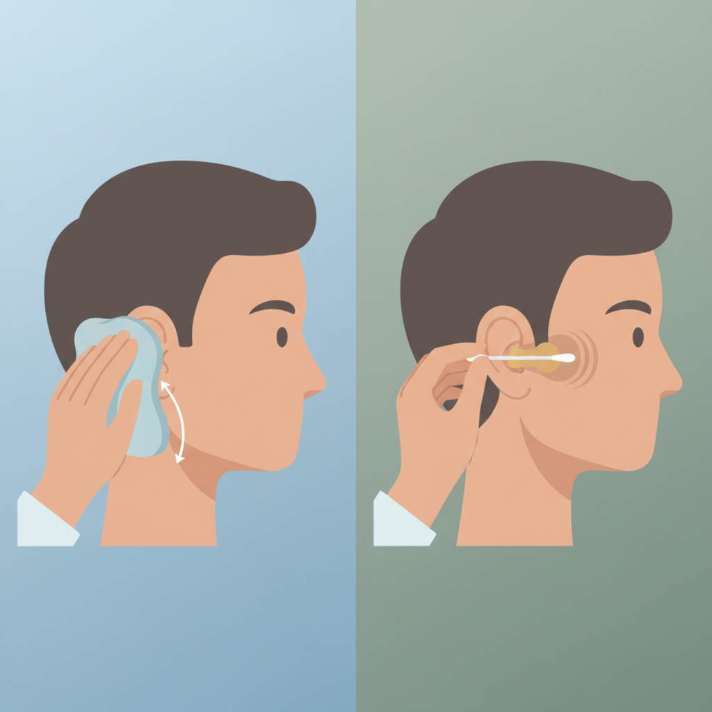 A visually clear split image illustration demonstrating proper versus improper ear cleaning. On the left side, show a simplified human figure gently cleaning the outer ear (pinna) with a soft, damp cloth or pad, highlighting a careful, outward motion. On the right side, depict a hand holding a cotton swab incorrectly pushed deep into the ear canal, with a subtle visual emphasis (e.g., darker shading around the tip, or a subtle 'pushing' effect on the wax) indicating its harmful action. Use a modern, clean flat illustration style with a soft, harmonious color palette, suitable for a health blog.