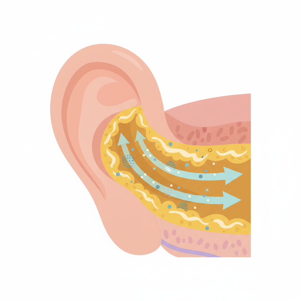 A vibrant, educational flat illustration depicting a cross-section of the human ear canal. The inner lining of the canal should clearly show a layer of golden earwax (cerumen). Small, stylized particles representing dust and bacteria are visibly embedded within this earwax. Gentle, curved arrows indicate the natural outward migration of skin cells and earwax, moving towards the opening of the ear. The overall impression should be a clean, efficient, and self-maintaining biological system, highlighting the ear's inherent cleaning process. Colors should be soft and inviting, suitable for a health blog.