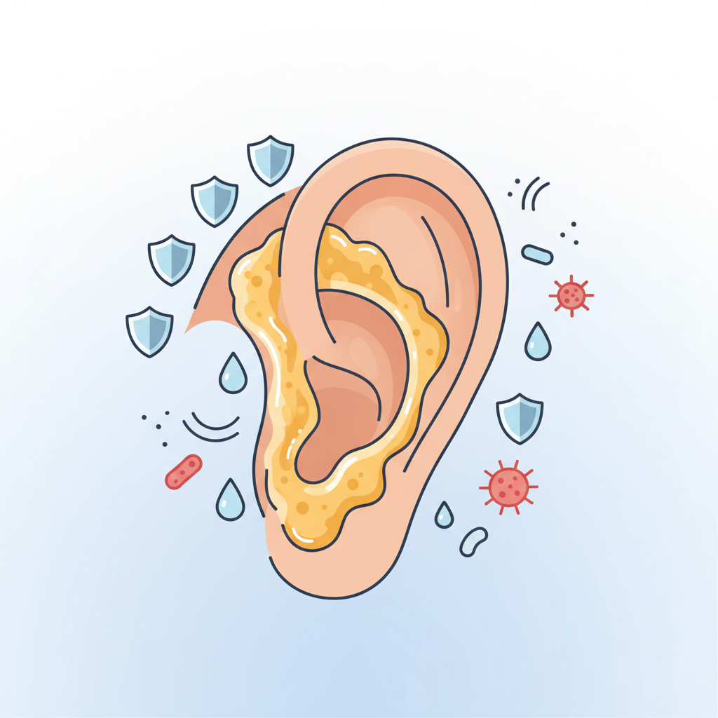 A professional, visually appealing infographic-style illustration showcasing the protective functions of earwax. The central element is a stylized, healthy ear canal, partially coated with a golden, viscous substance representing earwax. Around this earwax layer, abstract visual metaphors depict its roles: small shield icons or barriers suggesting protection from external elements like dust and microbes, and water droplets or moisture symbols indicating hydration. The overall image should convey a sense of natural defense and well-being, emphasizing earwax as a beneficial, active barrier. Use a clean, modern aesthetic with a balanced color palette.