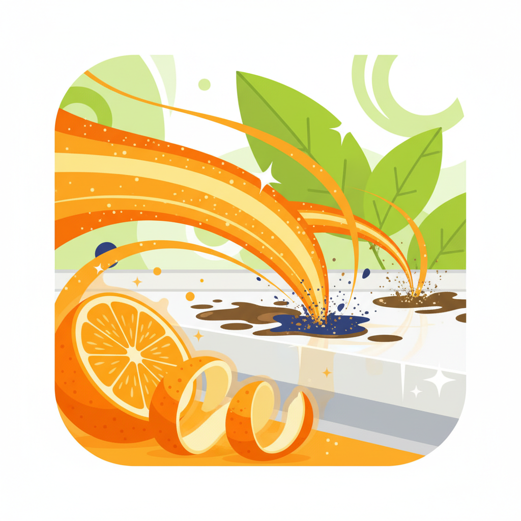 A vibrant flat illustration depicting the powerful, natural cleaning action of orange oil. In the foreground, stylized orange halves and peels emit energetic, wave-like particles. These particles are shown actively breaking down and dissolving dark, greasy smudges and dirt on a kitchen counter surface, transforming it into a sparkling clean area. The overall scene should convey freshness, effectiveness, and natural strength, with a focus on bright citrus colors and clean lines, embodying the 'natural & stark' theme.