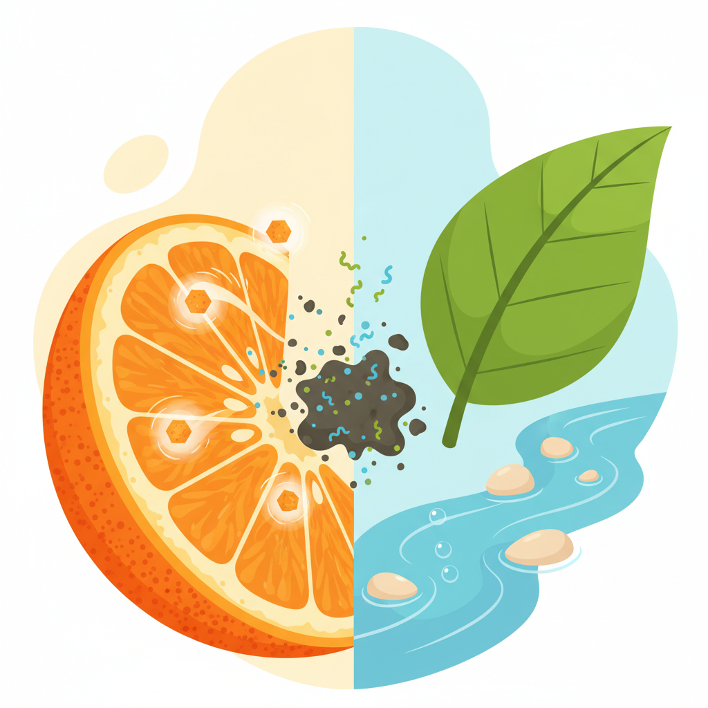 An infographic style illustration demonstrating the natural origin and biodegradability of orange oil cleaner. On one side, a cross-section of an orange peel clearly shows small, stylized limonene molecules emerging from it. These molecules then interact with a blob of grease or dirt, breaking it apart into smaller, dissolvable components. The background subtly transitions into a serene, clean environment with a green leaf and a gentle stream, symbolizing environmental friendliness and natural decomposition. The color palette should be fresh and inviting, combining natural greens, blues, and vibrant orange hues.