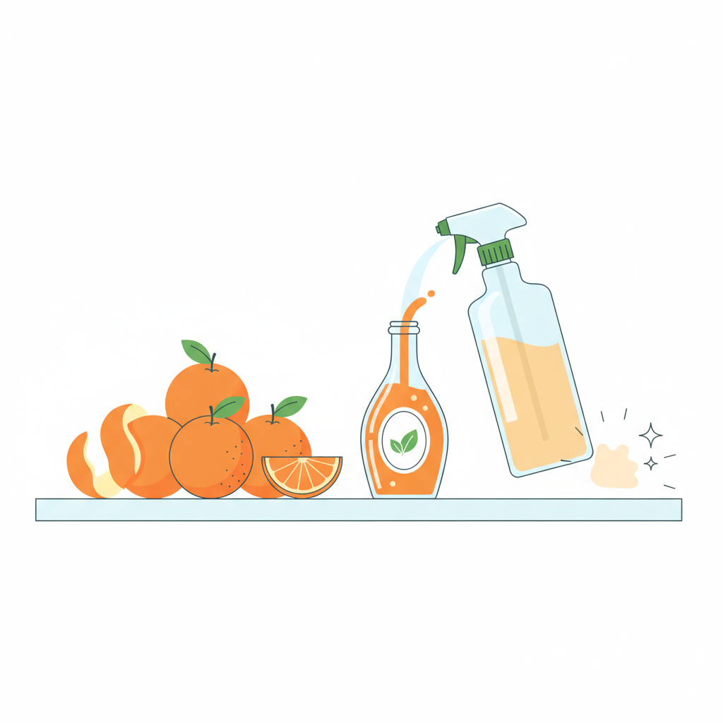A vibrant, minimalist flat illustration depicting the journey from nature to effective cleaning. On the left, a pile of fresh, ripe oranges with peels artfully arranged. A concentrated, amber liquid is visibly flowing from the peels into a small, elegant bottle, representing the concentrate. To its right, a larger, clear spray bottle is shown being filled with a lighter, diluted orange cleaning solution, suggesting the addition of water. In the background, a sparkling, pristine kitchen surface or a subtle outline of a vanished grease stain. The overall aesthetic is bright, clean, and evokes natural freshness and powerful efficacy.