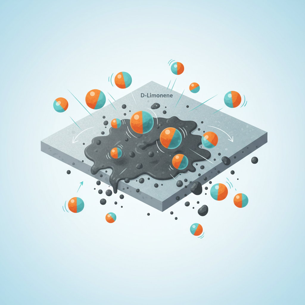 A clean, modern scientific illustration showing the microscopic action of the cleaner. The scene focuses on a stylized cross-section of a dirty surface, with an irregular, dark blob representing grease or stubborn dirt adhering to it. Tiny, abstract D-Limonene molecules, each depicted with two distinct, visually differentiated sides (e.g., one side bright orange, the other a cool blue-green), are actively surrounding and penetrating the grease blob. Some smaller grease particles are visibly detaching from the surface and becoming suspended in an implied surrounding liquid. The dynamic composition clearly illustrates the breaking down and lifting away of dirt.