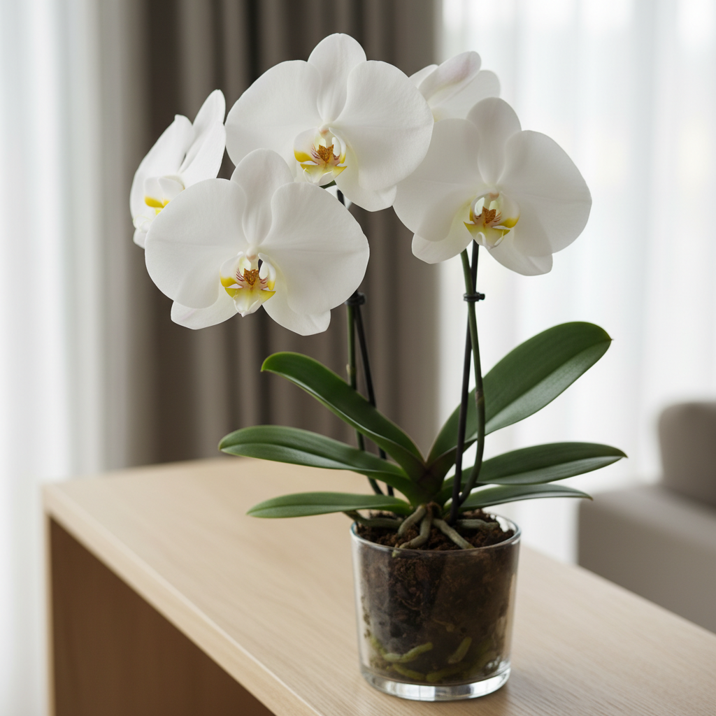 A professional photo capturing a close-up of a vibrant, healthy Phalaenopsis orchid in full bloom. The orchid features several large, perfect blossoms in a soft, appealing color like pure white or delicate pink, and glossy, deep green leaves. The plant is meticulously groomed, free of imperfections, and appears to be thriving in a subtle, well-lit indoor environment, perhaps on a minimalist shelf or table. The focus is on the intricate beauty and vitality of the orchid.