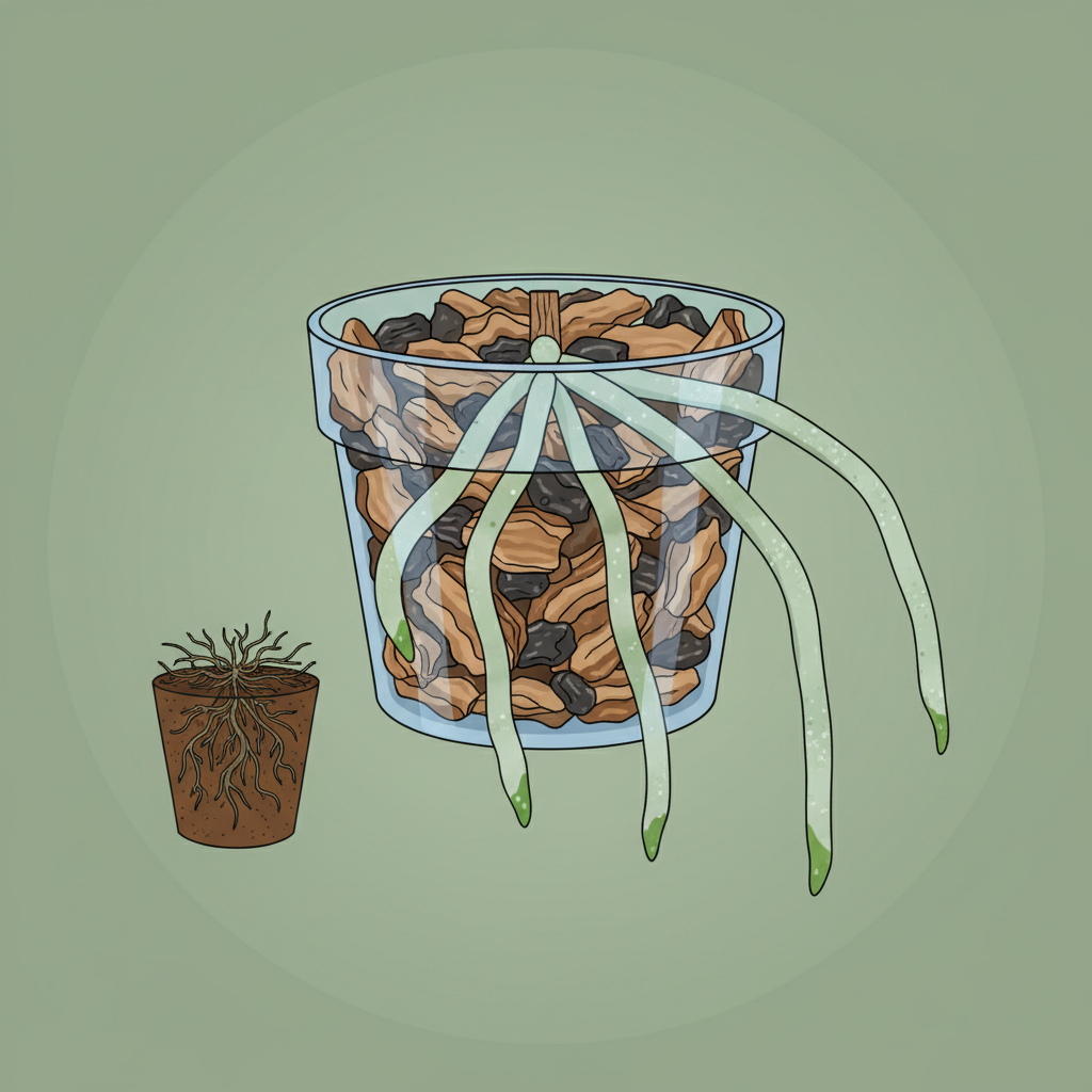 A detailed flat illustration depicting the unique root system of an epiphytic orchid. The image shows a transparent pot containing a chunky, open bark substrate. Healthy, plump orchid roots are visible, some within the substrate, others elegantly extending out into the air, emphasizing their need for air circulation and a non-soil environment. The style is clean and informative, highlighting the contrast between proper orchid roots and typical plant roots.