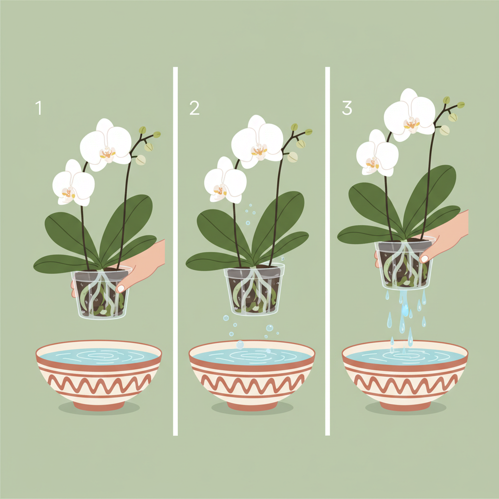 A clean, step-by-step infographic style illustration demonstrating the correct watering method for an orchid. The illustration conceptually shows three distinct stages: first, an orchid in its pot being placed into a larger decorative bowl filled with room-temperature water; second, the pot fully submerged, roots soaking; and third, the pot lifted, with water visibly draining completely from the bottom holes, emphasizing thorough drainage.