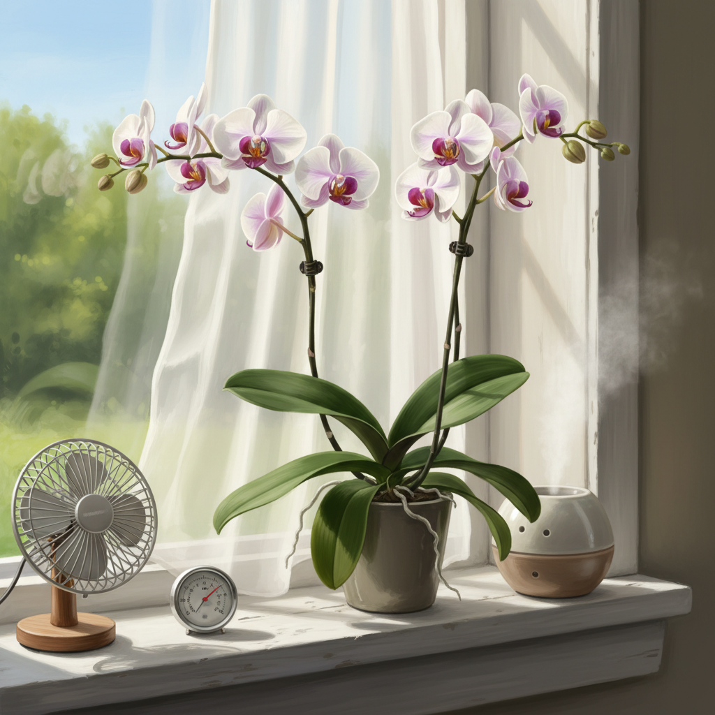 A realistic digital painting illustrating an orchid thriving in its ideal indoor environment. The scene features a healthy orchid plant positioned on a windowsill, bathed in soft, bright indirect sunlight filtering gently through a sheer curtain. Subtle visual cues like good air circulation and a comfortable ambient temperature are implied, showcasing a perfect, nurturing habitat for the plant without direct harsh sun.