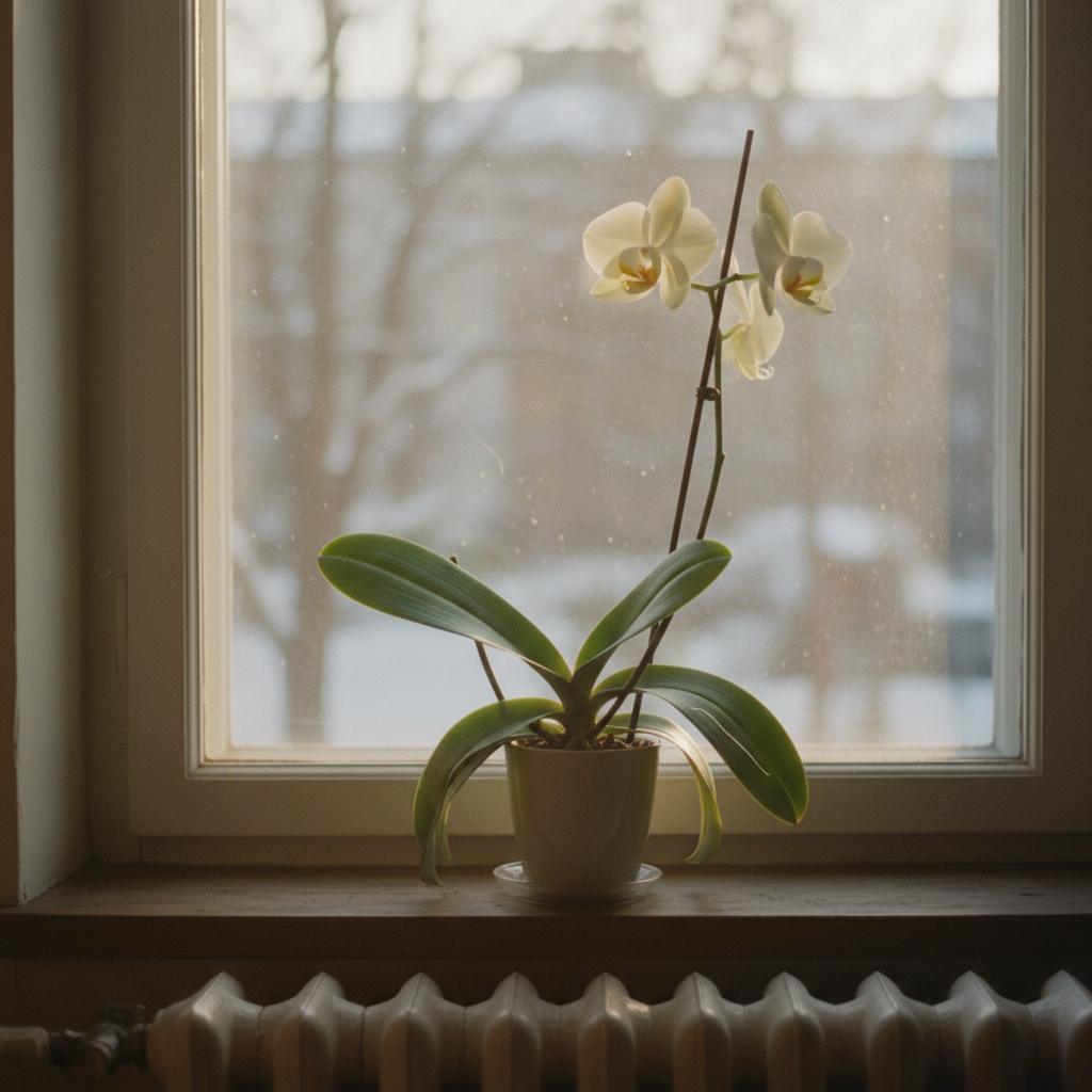 A potted Phalaenopsis orchid sits on a windowsill inside a cozy, but dim, room during winter. Subtle, weak sunlight filters through the window, barely illuminating the plant. In the background, a warm radiator emits a faint, dry heat haze, subtly contrasting with the plant's natural need for humidity. The orchid's leaves show a hint of paleness and slight stress, indicating the challenging conditions of the cold season. Professional photo.