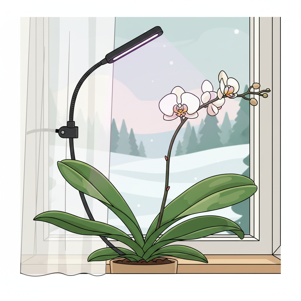 A healthy, vibrant Phalaenopsis orchid thriving on a bright windowsill in winter. Soft, indirect light bathes the plant from a large window, perhaps through a sheer curtain. Above or beside the orchid, a sleek, modern LED plant grow light emits a gentle, focused glow onto the foliage, supplementing the natural light. The plant's leaves are lush and green, and a new flower spike is emerging, symbolizing successful winter care. Flat illustration style with a warm, optimistic palette.