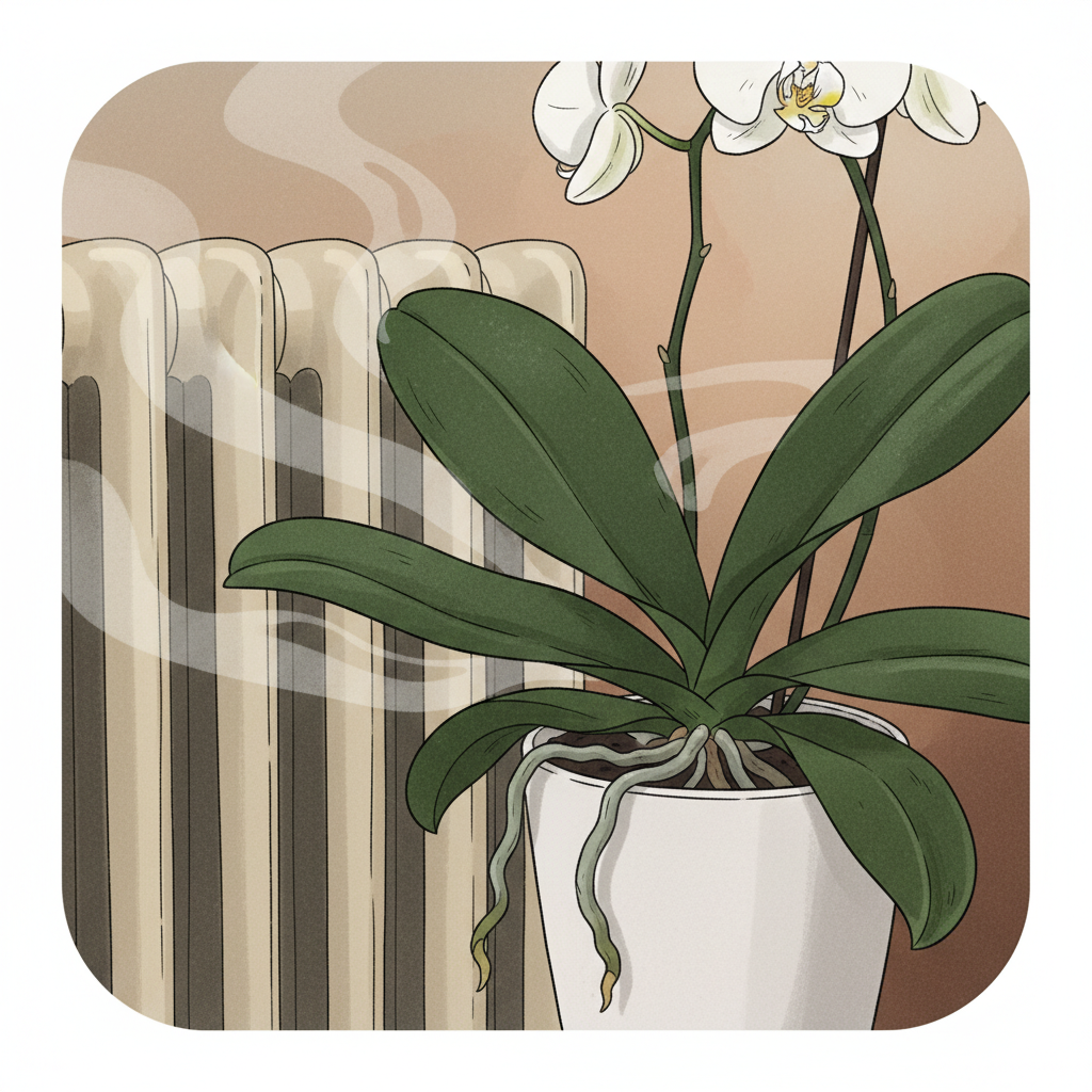 A close-up view of a Phalaenopsis orchid placed precariously close to a household radiator. The radiator is clearly visible, emitting subtle, wavy heat lines that visually impact the plant. The orchid's leaves appear slightly dull and some aerial root tips show signs of shriveling and dryness, emphasizing the damaging effect of dry, hot air on the delicate plant. Graphic illustration with muted colors and clear visual indicators of heat and dryness.