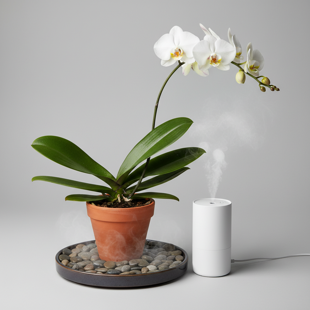 A beautiful, healthy Phalaenopsis orchid in a pot, positioned atop a decorative pebble tray filled with visible water and smooth stones, creating a humid microclimate around the plant. Adjacent to the orchid, a sleek, compact humidifier releases a fine, gentle mist into the air, creating an ideal humid environment. The orchid's leaves are glossy, vibrant green, and appear well-hydrated, showcasing effective humidity management. Professional studio photo with soft, diffused lighting.