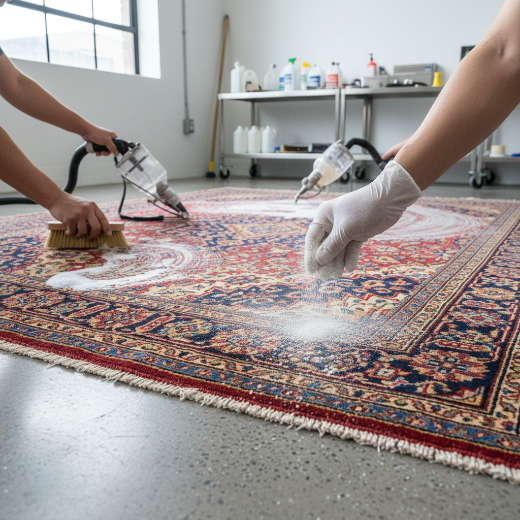 A professional photo capturing an expert performing a delicate cleaning process on an ornate Oriental rug. The scene highlights careful manual work in a well-lit, clean studio environment. One hand is gently applying a fine cleaning powder to a section of the rug, another is using a soft brush to work foam into a different area, and a specialized, non-invasive extraction tool is being used on a third. The focus is on the intricate patterns of the rug and the professional's careful technique, emphasizing expertise and attention to detail.