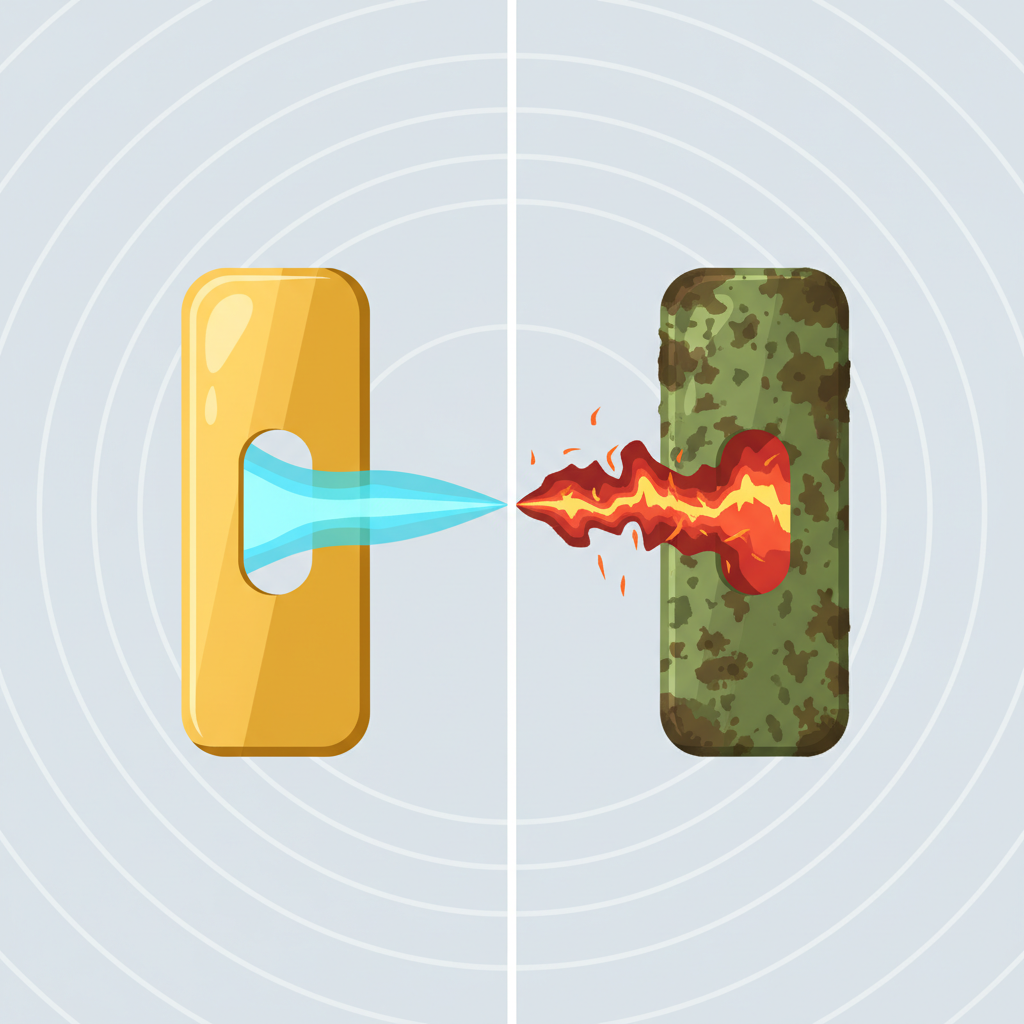 A modern, flat illustration depicting a side-by-side comparison of electrical contacts. On the left, a gleaming, unoxidized metallic contact (e.g., gold-plated or polished copper), with a smooth, bright blue energy flow passing cleanly through it. On the right, an identical contact heavily covered in dull, green and dark brown oxidation. The energy flow on this side is visibly disrupted, flickering red and orange, struggling to pass through the corrosive layer, symbolizing reduced conductivity and signal loss.