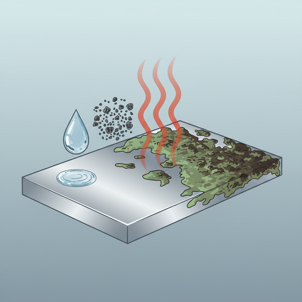 An infographic-style illustration focusing on the causes of oxidation. A stylized, close-up cross-section of a smooth metallic contact surface forms the base. Above it, several environmental factors are visually represented interacting with the metal: a floating water droplet symbolizing humidity, small swirling dark particles for air pollutants, and faint upward-radiating waves for heat. These elements are shown contributing to a visible, textured layer of green and dark brown corrosion gradually forming and thickening on the metal surface, demonstrating the cumulative effect of oxidation.
