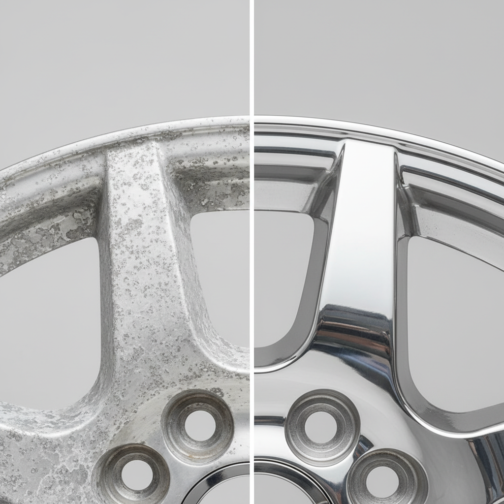 A detailed, split-screen style image showcasing the dramatic transformation of oxidized aluminum. On the left side, a section of an aluminum object (e.g., a car rim spoke or a piece of outdoor furniture tubing) appears dull, rough, and covered in a milky white-grey oxidation layer. On the right side, the exact same object section gleams with its original metallic luster, highly reflective and smooth. The boundary between the two states is sharp and distinct, clearly illustrating the 'before and after' effect of cleaning. Style: High-quality, professional product photography with strong visual contrast and a clean, minimalist background.