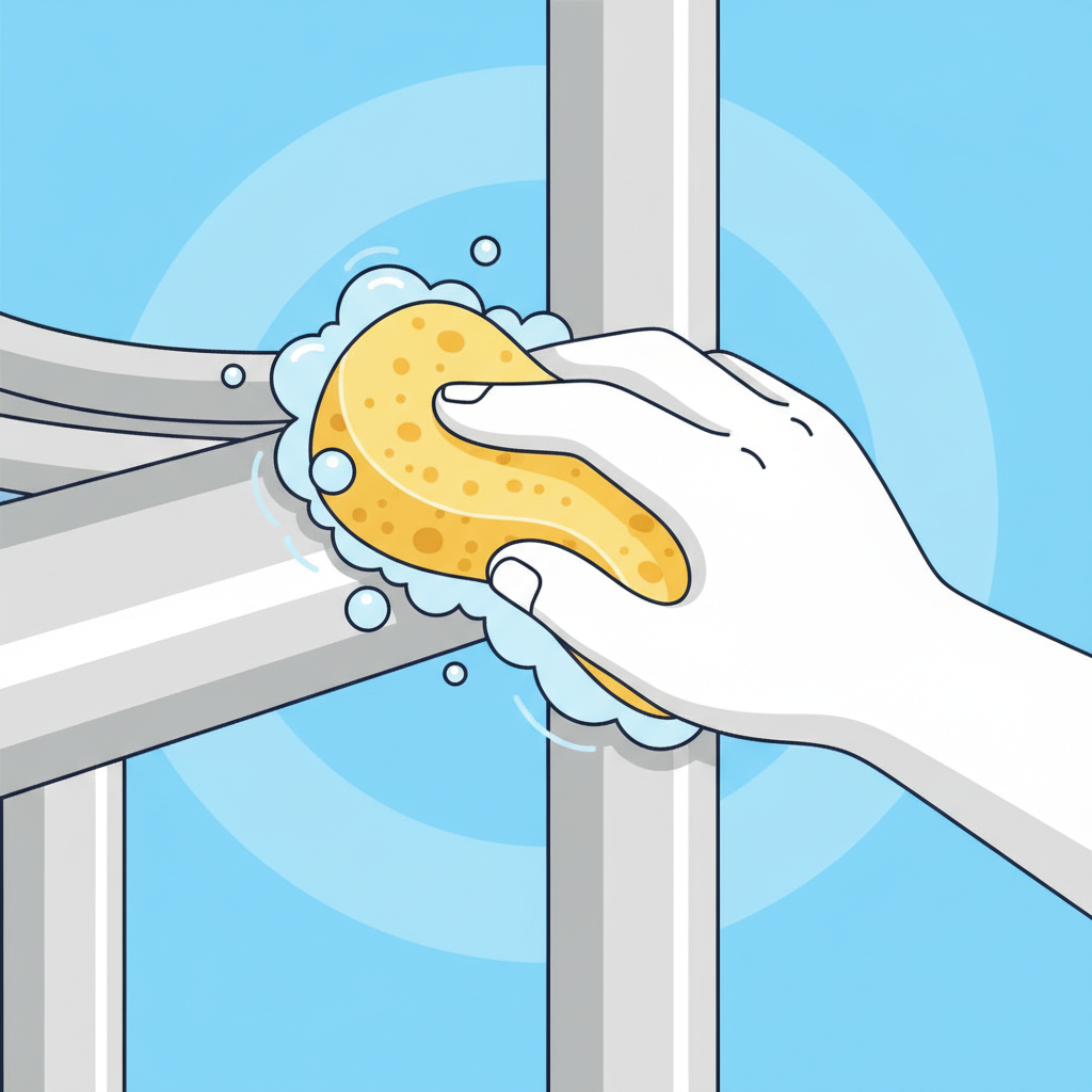 A vibrant, flat illustration depicting the active process of cleaning oxidized aluminum. A generic, clean hand holds a soft sponge or cloth, actively wiping a section of a dull, matte aluminum surface, possibly a leg of a garden chair or a large pot. Where the sponge has passed, the aluminum behind it appears noticeably brighter and shinier, while the untouched areas still show the characteristic whitish-grey oxidation. Subtle hints of cleaning solution or gentle suds can be implied around the sponge to convey the cleaning action. Style: Modern flat illustration, clean lines, bright colors, focus on the action and contrast between oxidized and clean.