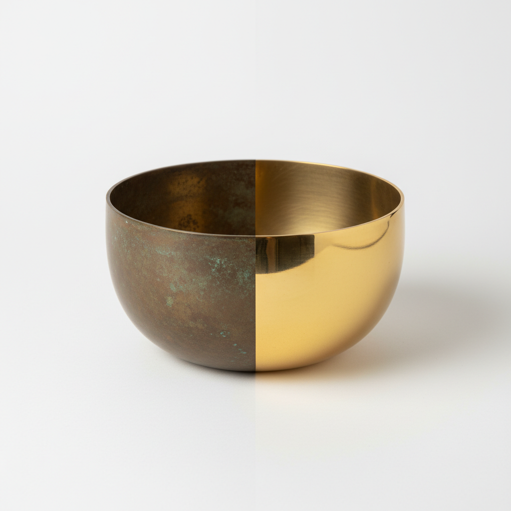 A professional studio photograph capturing the transformation of a brass decorative bowl. One half of the bowl is distinctly dull, dark, and shows a greenish-brown patina, clearly oxidized. The other half of the bowl is brilliantly polished, shimmering with a warm golden hue, reflecting light beautifully. The two states are presented seamlessly in a single image, highlighting the dramatic 'before and after' effect of cleaning, on a clean, light background, creating a visually striking contrast.