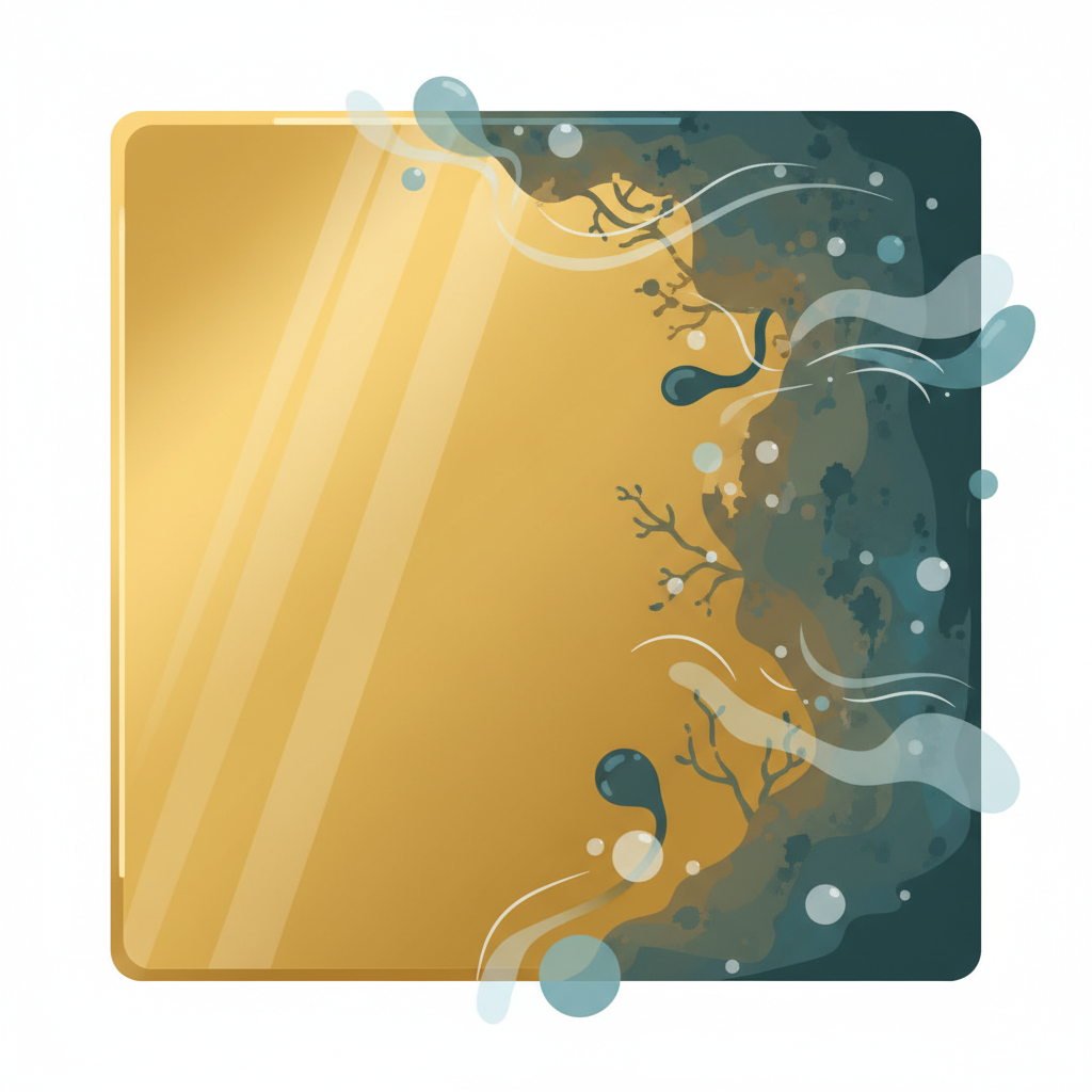 A stylized flat illustration depicting the concept of brass oxidation. A gleaming golden brass surface is shown partially covered by a thin, dark, and slightly greenish layer representing patina. Abstract, subtle elements like wisps of air or tiny water droplets are subtly integrated around the oxidized part, suggesting environmental interaction with the metal. The style should be clean and modern, using a limited color palette that emphasizes the contrast between shiny brass and the dull, discolored patina.