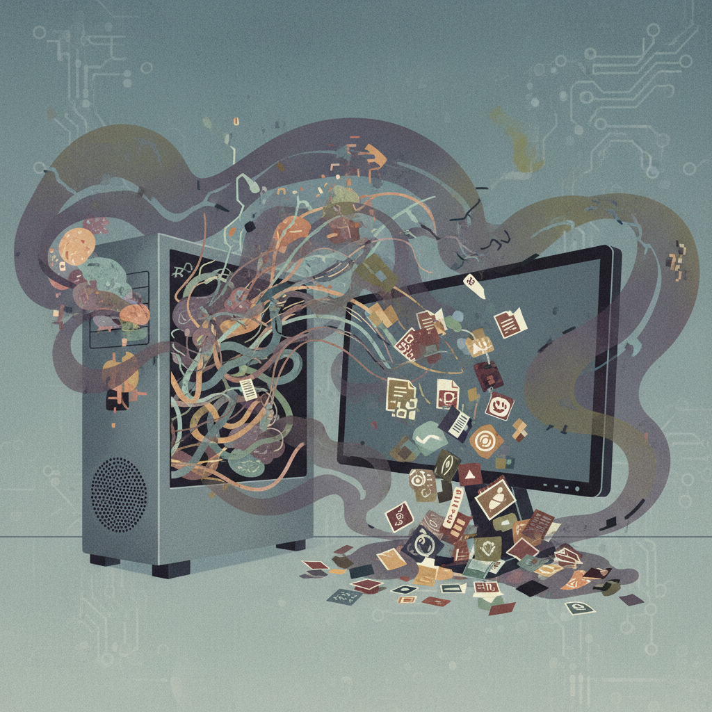 A detailed flat illustration depicting a modern desktop computer tower and monitor. The computer system is visibly struggling, represented by abstract visual elements like digital 'dust bunnies' swirling around inside and outside the tower, tangled, broken data streams flowing slowly, and a heap of overflowing, crumpled digital files and unnecessary software icons spilling out from the monitor screen and PC vents. A metaphorical, subtle 'slow' or 'stuck' aura emanates from the computer, indicating poor performance. The color palette should be muted and a bit chaotic to convey frustration.