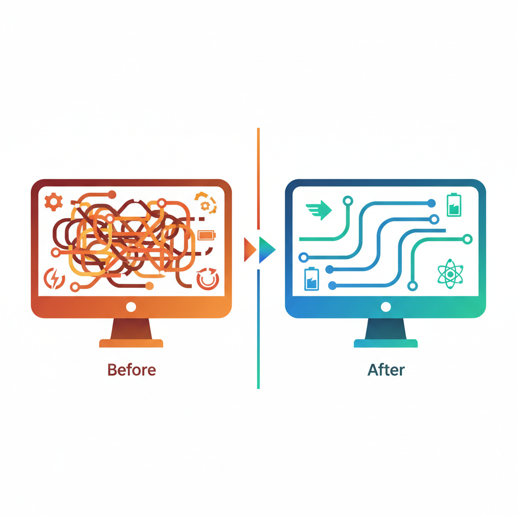 An infographic-style illustration with a clear before-and-after contrast. On the 'before' side, show a simplified computer icon with chaotic internal components: tangled, broken lines representing fragmented data, and multiple small, energy-draining icons symbolizing unnecessary background programs. On the 'after' side, depict the same computer icon but with streamlined, organized internal pathways, smooth, efficient data flow, and fewer, essential active program icons, radiating a sense of speed and clarity. The transition implies optimization. Use a clean, modern vector aesthetic with distinct color palettes for 'before' (messy, warm tones) and 'after' (clean, cool tones).