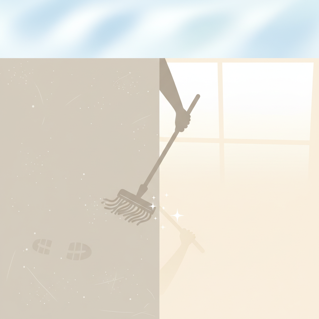 A vibrant, clean flat illustration depicting a 'before and after' scenario for a PVC floor. On one side, a dull, slightly scuffed PVC floor with a few visible dust particles and a faint footprint, conveying a neglected appearance. On the other side, the same PVC floor section is sparkling, glossy, and impeccably clean, reflecting a soft light from above. A silhouette of a hand gently wiping a section of the floor with a clean, damp mop acts as a visual divider, transitioning between the two states. The overall mood should be light, airy, and emphasize effortless cleanliness.