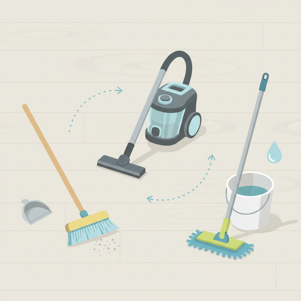 A bright, modern infographic-style illustration showcasing the essential tools and actions for daily PVC floor care. The scene features a top-down view of a light-colored PVC floor section. Various stylized cleaning tools are strategically placed: a soft-bristled broom sweeping a small pile of dust, a vacuum cleaner with a specialized hard-floor attachment hovering above the floor, and a bucket with a clean, damp mop resting nearby. Subtle graphical elements like soft arrows or dotted lines can indicate the gentle movement of the broom or vacuum. The color palette should be fresh and inviting, conveying simplicity and efficiency.