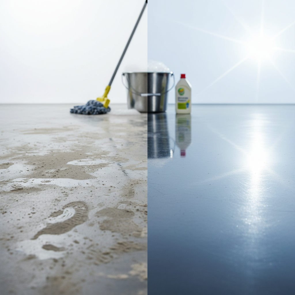 A professional, bright studio photo showcasing a split image of a PVC floor. On the left side, the floor is visibly dirty with smudges, dust, and dull spots, clearly depicting heavy soiling. On the right side, the same PVC floor section is sparkling clean, reflecting light beautifully, illustrating a pristine finish. In the background or subtly placed are blurred cleaning tools like a mop and a bucket, symbolizing the cleaning process. The overall mood is one of effective transformation and cleanliness, emphasizing the contrast between the soiled and restored states.