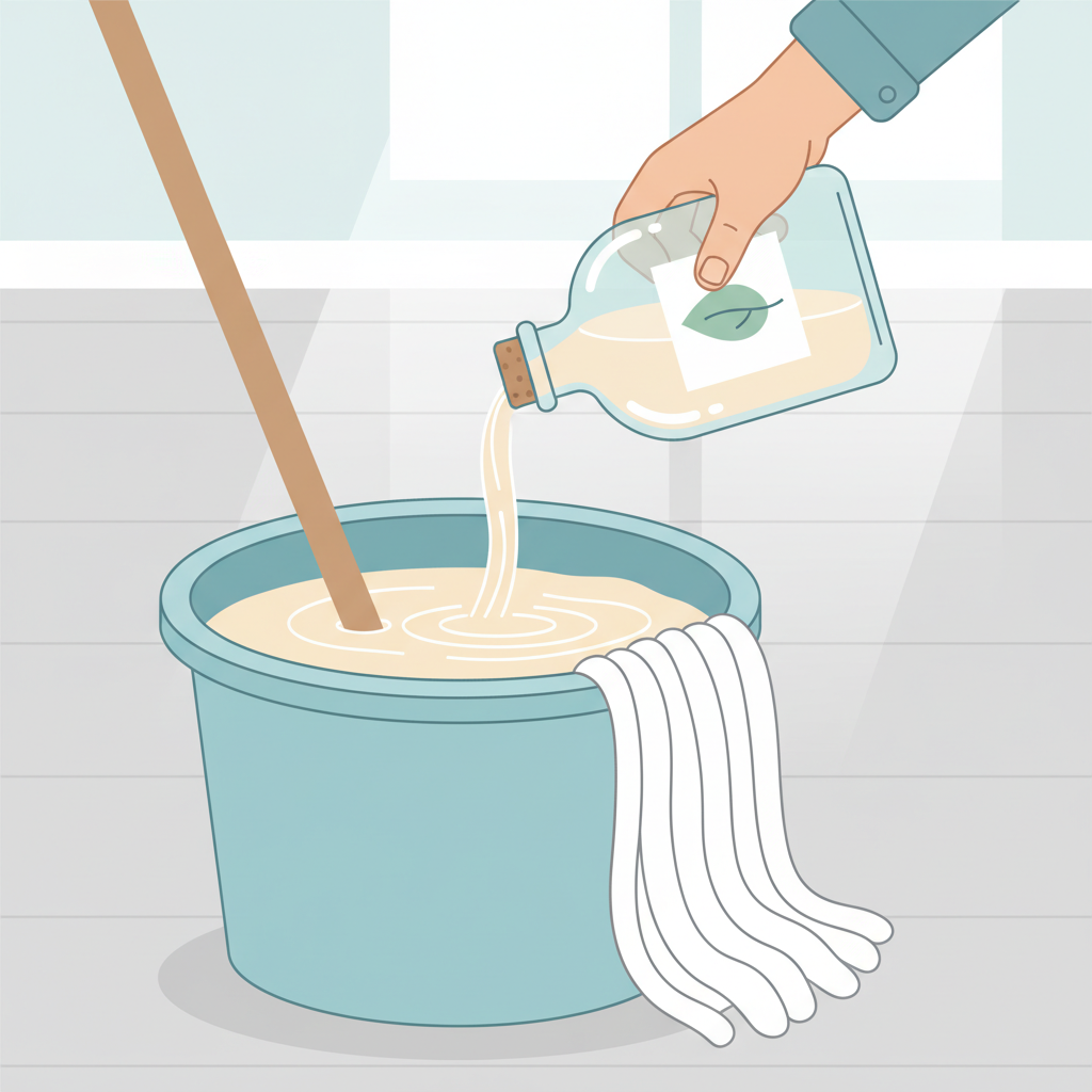 A vibrant, flat illustration depicting the preparation of a cleaning solution for a PVC floor. A stylized hand holds a simple, generic bottle (representing vinegar) over a bucket filled with warm water, where a subtle ripple indicates the liquid being poured. A cleaning mop or cloth is partially submerged in the bucket. The background shows a clean, light-colored PVC floor section, implying the context of use. The illustration should have a clean, inviting aesthetic with a focus on simplicity and clarity, highlighting the effectiveness of household remedies for floor cleaning.