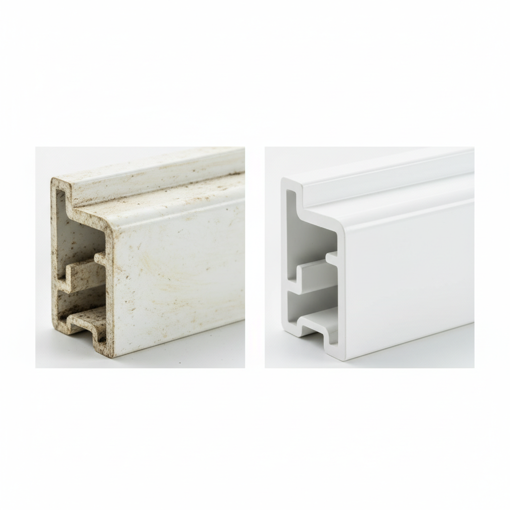 A diptych or split image showing the transformative effect of PVC cleaning. On the left, a close-up of a PVC window frame or a section of PVC flooring, appearing dull, slightly yellowed, and with visible grime and smudges. On the right, the identical section of PVC, now sparkling clean, bright white, and reflecting ambient light beautifully, showcasing its renewed, pristine appearance. The image should convey cleanliness and the contrast between neglect and proper care. Professional studio photograph with a clear, crisp focus on the material.