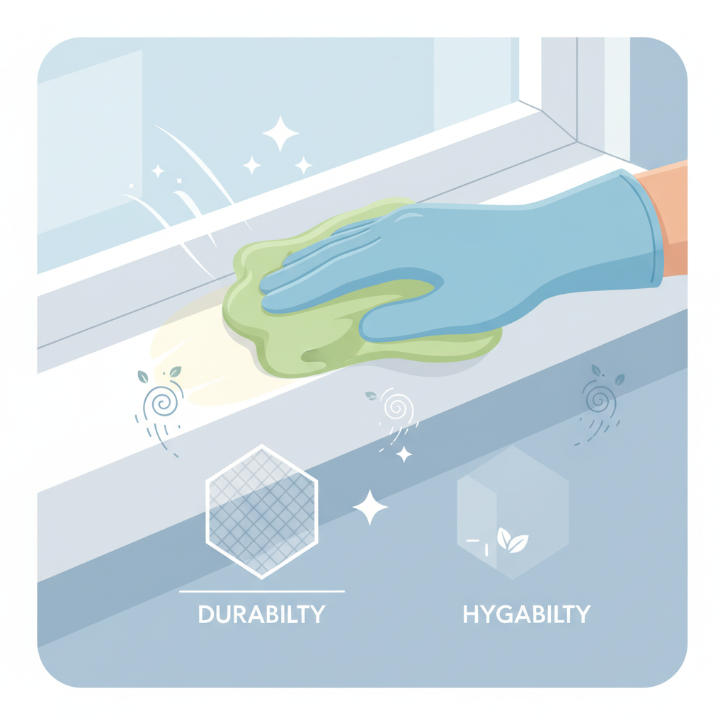 A flat illustration depicting a clean, gloved hand gently wiping a sleek, white PVC surface, such as a window sill or a kitchen counter edge, with a soft, damp cloth. As the hand cleans, the PVC surface brightens, and abstract visual metaphors emerge from the freshly cleaned area: subtle sparkling elements representing 'shine' and 'aesthetics,' a reinforced, undamaged surface texture representing 'durability,' and tiny, swirling, fresh air symbols indicating 'hygiene.' The overall aesthetic should be clean, modern, and convey positive outcomes.