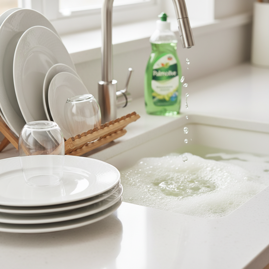 A professional, bright photo featuring a kitchen sink area. In the foreground, a stack of gleaming, spotless dishes (a white plate, a clear glass) sparkling with cleanliness. The sink itself is filled with an abundance of rich, white, frothy Palmolive bubbles, hinting at a pleasant scent through vibrant colors. A small, subtle splash or drip of clean water adds dynamic energy. The overall atmosphere is fresh, clean, and inviting, showcasing the effortless result of using the product. A bottle of the dish soap can be subtly present in the background, slightly out of focus.