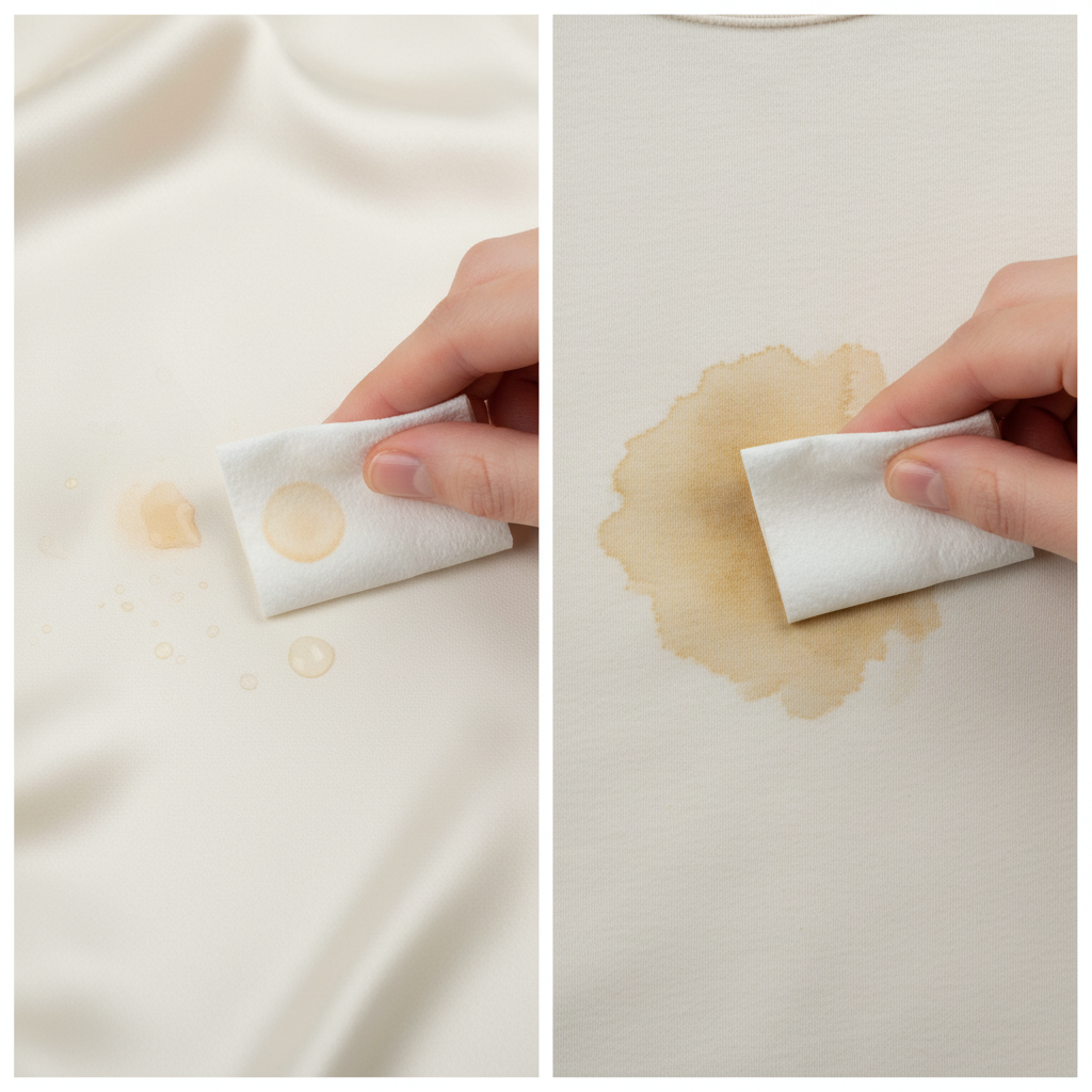 A close-up, split-screen professional photo showing the urgency of stain removal. On one side, a hand gently dabbing a fresh, small perfume stain on a light-colored fabric (like a silk scarf or cotton shirt) with a clean white cloth or paper towel, with the stain appearing easily transferable onto the cloth. On the other side, an older, darker, more spread-out perfume stain deeply embedded into similar fabric fibers, looking much harder to remove and unresponsive to a dabbing action. The contrast should clearly convey the difference in difficulty. The overall style should be clean, bright, and slightly clinical, emphasizing effective action.