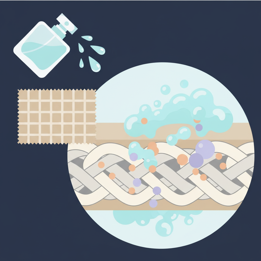 A stylized, flat illustration depicting the concept of perfume stain formation and removal on a microscopic level. Show a transparent perfume bottle abstractly releasing droplets onto a generic woven fabric surface. Zoom in on the fabric's cross-section, illustrating abstract perfume oil particles (represented by tiny, distinct colored spheres) penetrating deep into the fabric fibers. Simultaneously, a cleaning agent (represented by another type of abstract, interacting shape or color) is shown surrounding and lifting these oil particles from the fibers. The color palette should be clean and informative, using soft, modern tones to convey the mechanics without being overly complex.