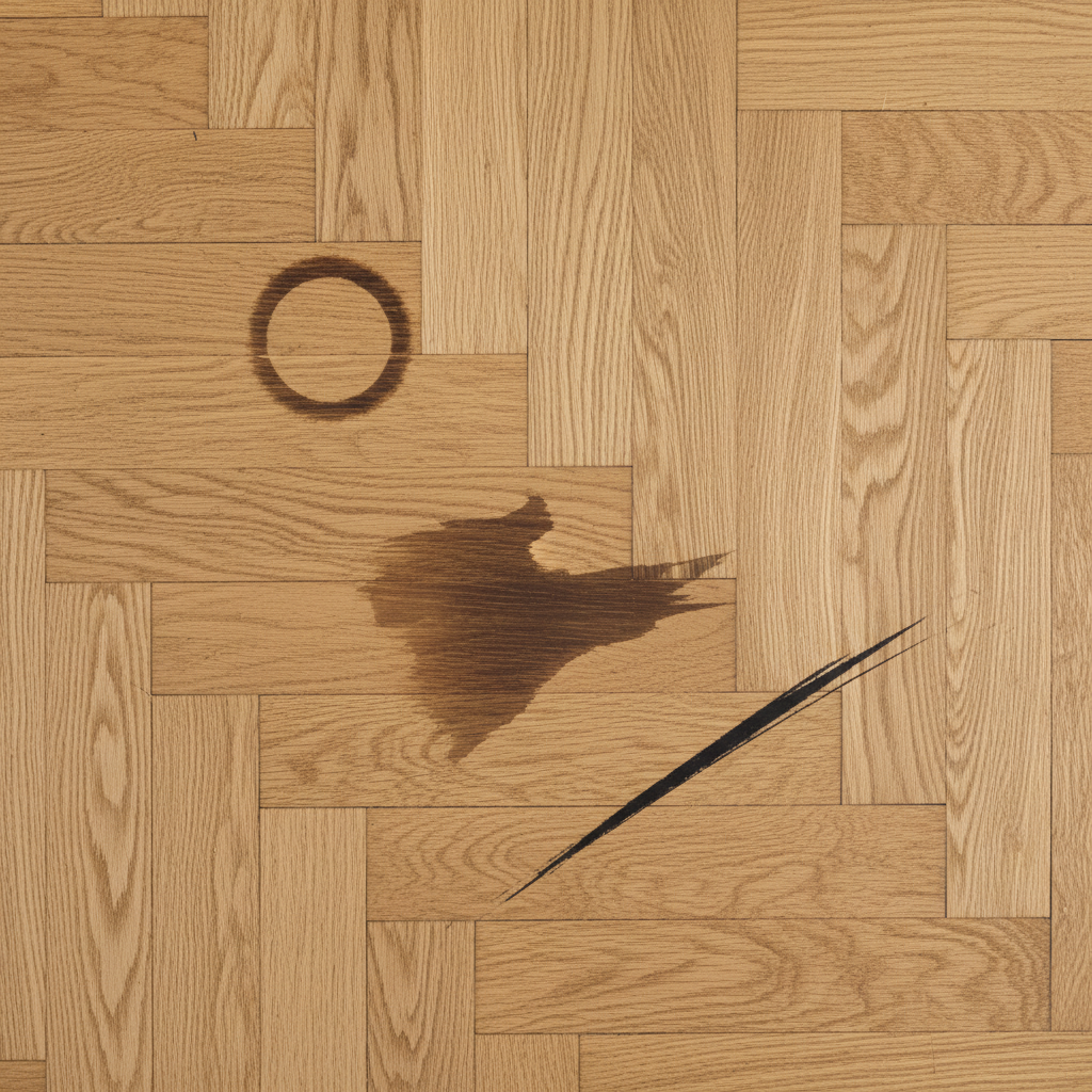 A professional, top-down photograph showcasing a section of a clean, light brown parquet floor. Scattered across different planks are three distinct types of dark stains: a subtle, dark ring from a spilled liquid (e.g., from a plant pot), a diffused, dark oily smudge, and a sharp, dark scuff mark or streak from a shoe. The natural wood grain should be visible, and the contrast between the clean polished wood and the unsightly dark marks should be clear, illustrating the varied problems discussed in the article. The image should be clean, well-lit, and visually appealing despite depicting damage, suitable for a blog article header.