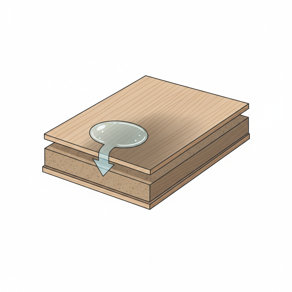 A clean, modern flat illustration depicting a conceptual cross-section of a parquet floor plank. On the surface, a small, transparent pool of water is visible. A subtle arrow or visual indicator should show the water penetrating downwards into the wood fibers. The area of the wood directly beneath the water should be subtly depicted as discolored or significantly darker than the surrounding untouched wood fibers, illustrating the deep penetration and chemical change caused by water stains. Use a neutral color palette for the wood, with a slightly darker shade for the stained area, highlighting the cause-and-effect relationship.