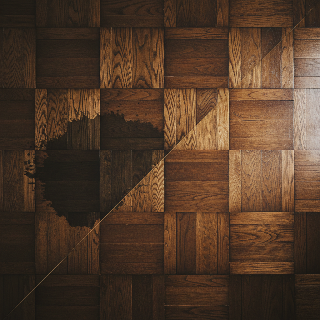 A professional overhead shot of a luxurious parquet floor, beautifully lit. The image is split diagonally. One half shows a section of the parquet floor with a noticeable, dark, dull grease stain, subtly indicating the problem. The other half displays the same parquet floor section appearing perfectly clean, shiny, and vibrant, reflecting light beautifully, suggesting a successful cleaning process. The natural wood grain is clearly visible and smooth in the clean section. The overall style is a high-quality, realistic photo with excellent detail.