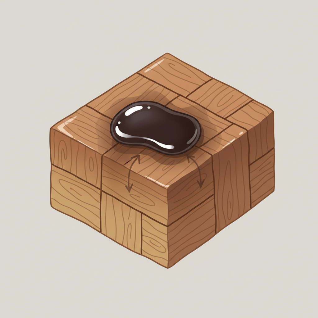 A clean, stylized infographic-style illustration depicting a magnified cross-section of a parquet floor. On the surface, a dark, viscous droplet representing grease is shown. Subtle arrows or gradient shading indicate the grease beginning to seep into the wood fibers below the surface. Below, the wood structure directly beneath the droplet appears slightly darker and discolored, illustrating the penetration and oxidation mentioned in the article. The background should be a light, neutral color, focusing attention on the wood and grease interaction.
