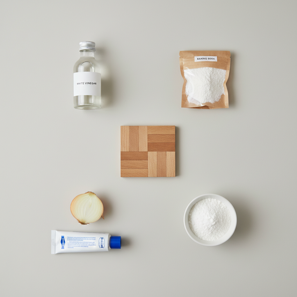 A beautifully composed flat lay image featuring a small, isolated section of an elegant parquet floor with a subtle, light brown stain. Around this floor section, various common household items are neatly arranged: a bottle of white vinegar, a small bag of baking soda, a tube of white toothpaste, a cut onion, and a small bowl of cornstarch. The lighting is soft and natural, emphasizing the texture of the wood and the simplicity of the remedies. The overall style is clean and inviting, suggesting a gentle and effective cleaning solution. Professional photo style.