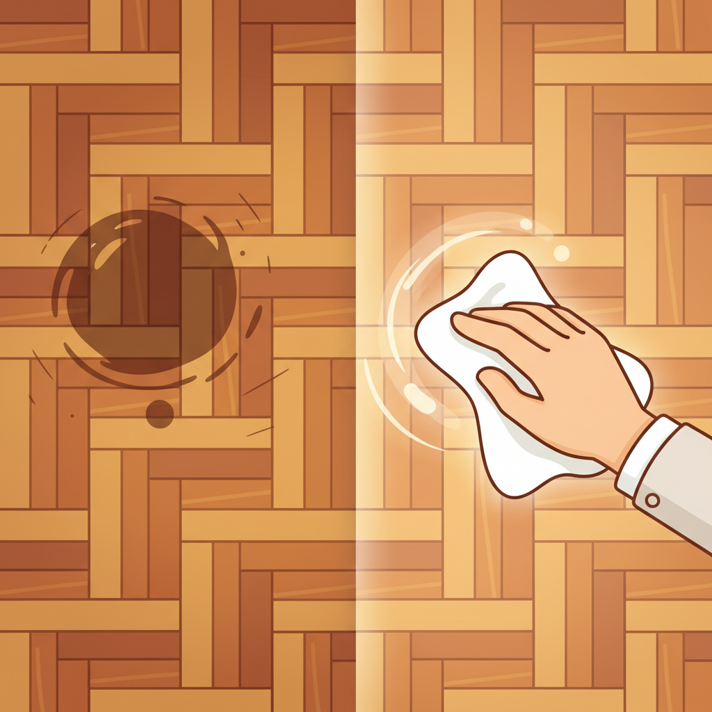 A stylized split-screen illustration depicting a parquet floor. On the left side, a section of the parquet floor shows a visible, common stain like a dark liquid spill or a grease mark, looking slightly neglected. On the right side, the same section of the parquet floor is perfectly clean and gleaming, with a hand gently wiping it with a soft cloth using a translucent, subtle swirl representing a home remedy. The transition between the stained and clean sections is smooth. The color palette is warm and inviting, emphasizing the wood's natural beauty. Flat illustration style with a focus on cleanliness and transformation.